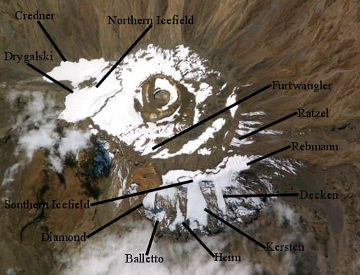 Satellite image showing glacier locations on Mount Kilimanjaro